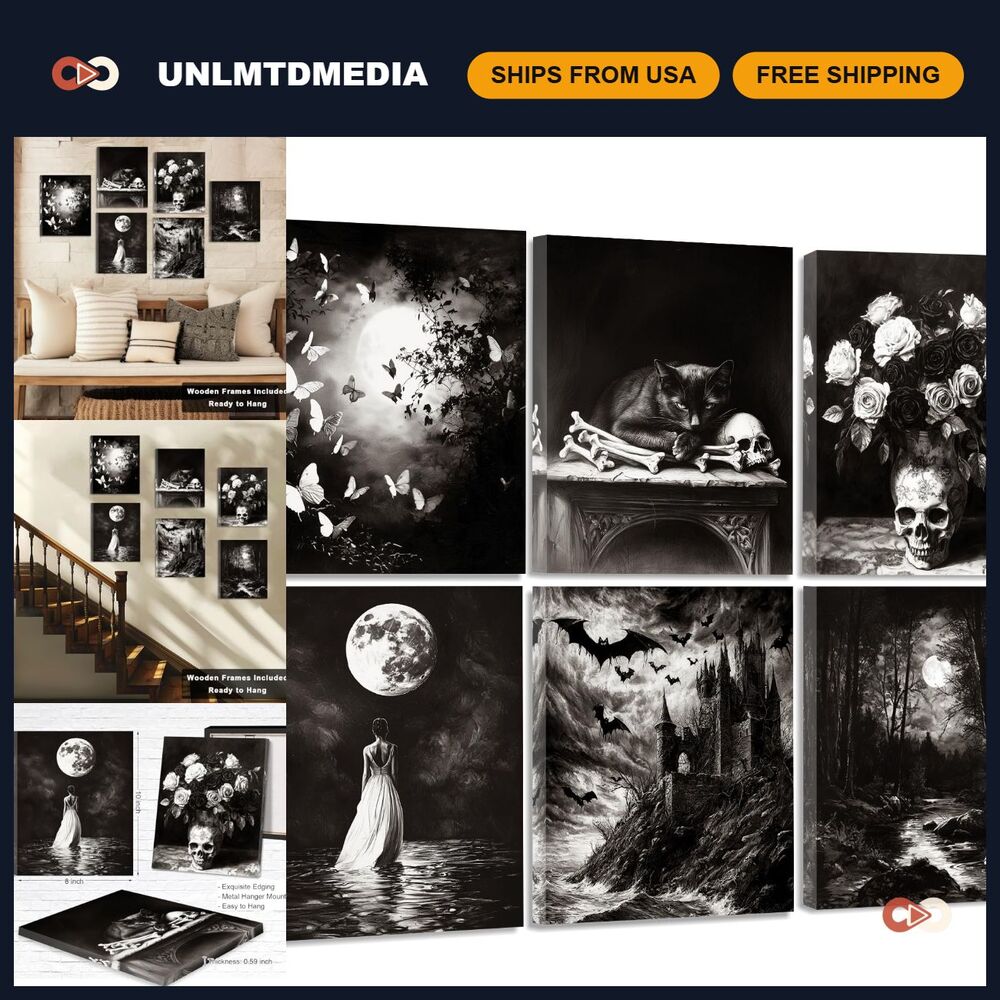 Framed Dark Academia Wall Art Set of 6, Gothic Creepy Decor for Bedroom & Living